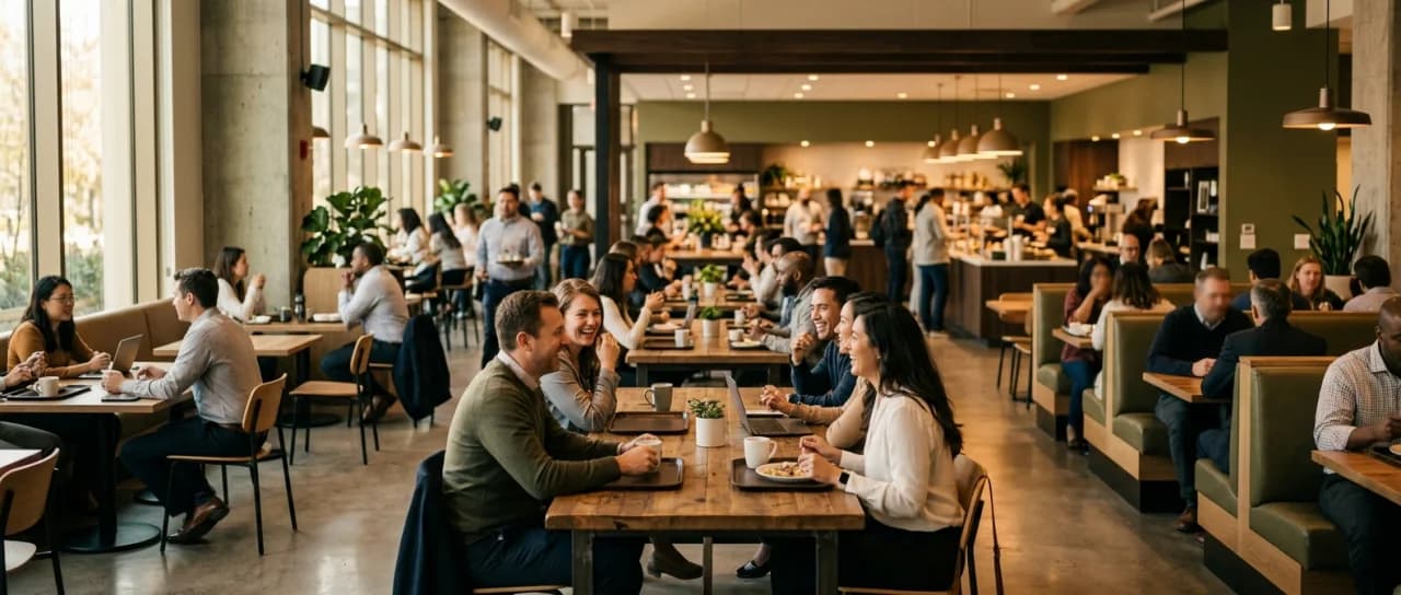 Empleados disfrutando el área de cafetería surtida por Molino Azteca