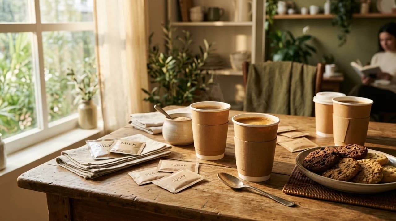Mesa de coffee break con café, vasos y galletas lista para empleados